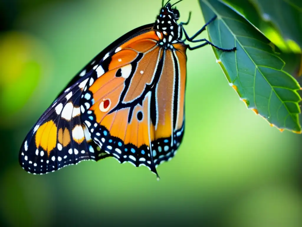 Detalle impresionante de una mariposa monarca emergiendo de su crisálida, con alas naranjas y negras desplegadas