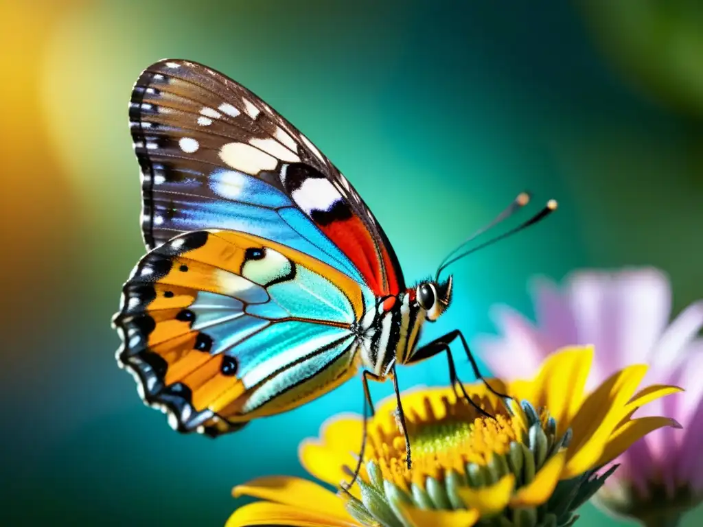 Mariposa vibrante en flor: detalle increíble Detalle impresionante de una mariposa posada en una flor, mostrando sus alas iridiscentes y antenas