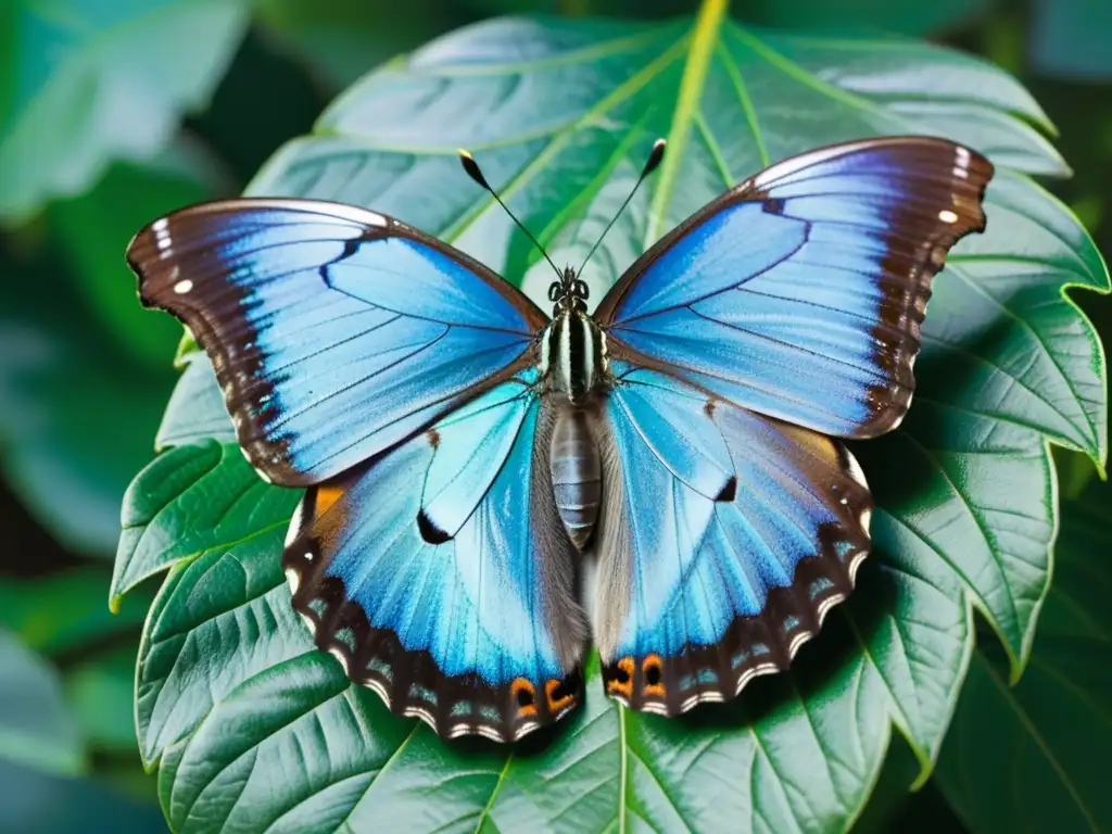 Majestuosa mariposa morpho en detalle Detalle impresionante de una mariposa morpho posada en una hoja verde, resaltando sus patrones e iridiscencia