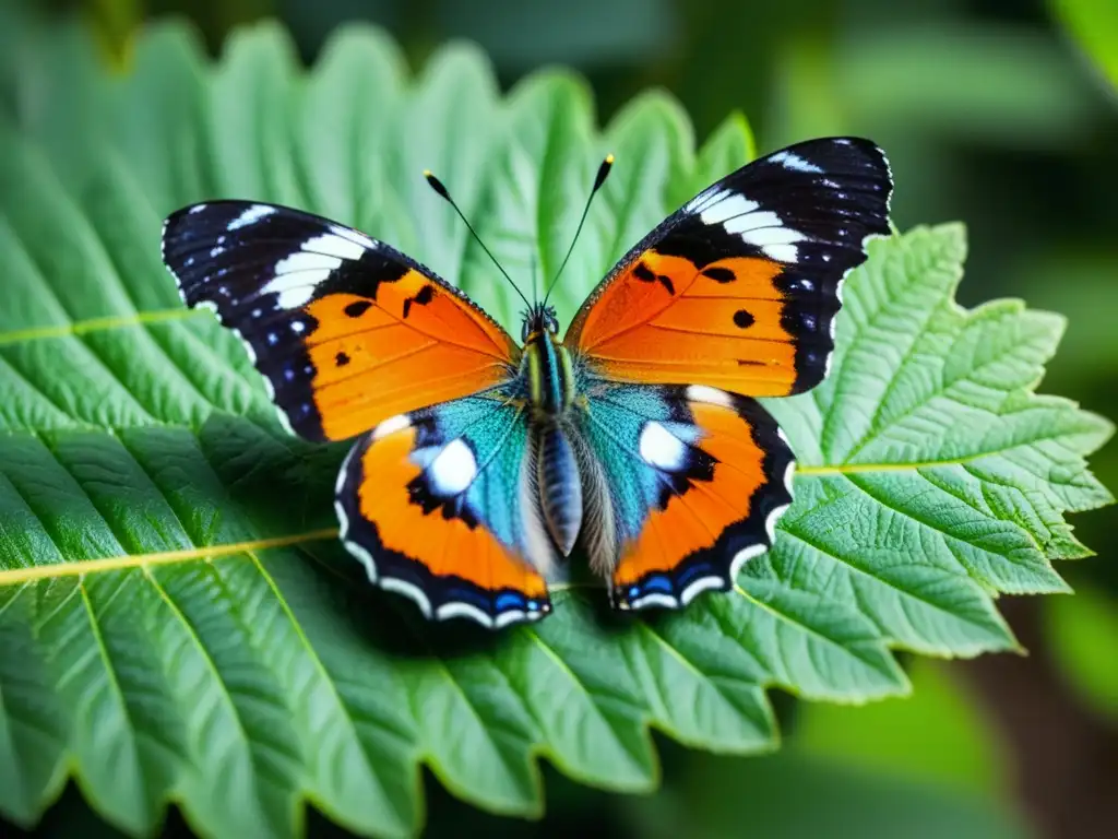 Detalle impresionante de una mariposa posada en una hoja verde, con sus alas coloridas y patrones detallados