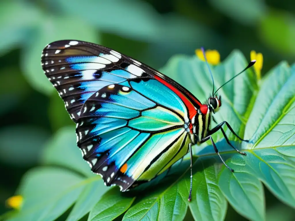 Detalle impresionante de mariposa posada en hoja verde