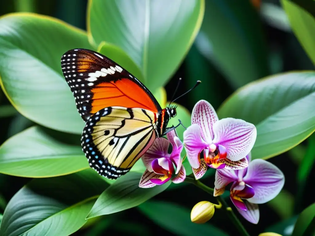 Detalle impresionante de mariposa tropical amenazada en orquídea, resaltando la conservación de mariposas tropicales amenazadas