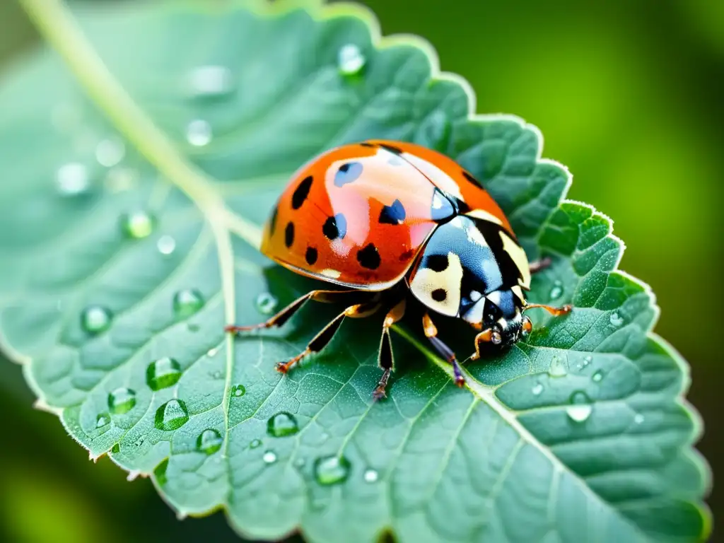 Detalle impresionante de una mariquita en hoja verde, destacando la importancia de insectos en control biológico