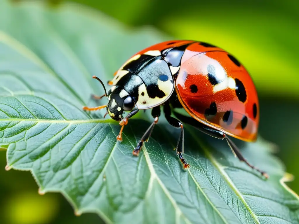 Detalle impresionante de una mariquita alimentándose en una hoja verde, revelando estrategias de supervivencia insectos alimentación