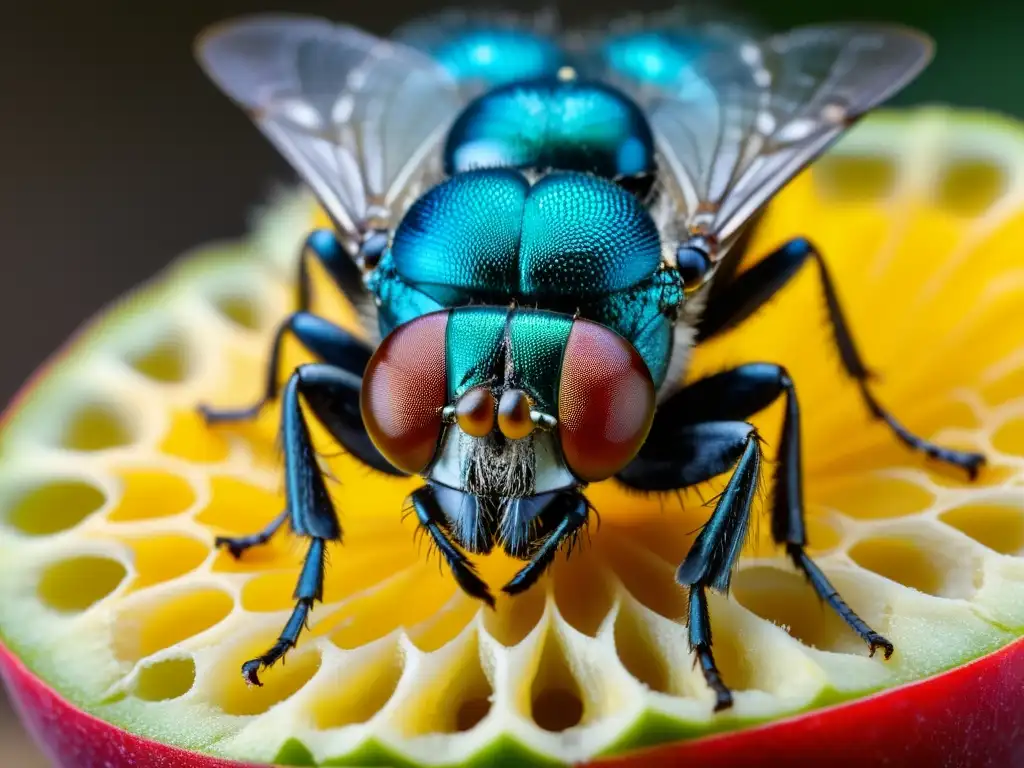 Detalle impresionante de una mosca sobre fruta podrida, resaltando la importancia de la entomología forense en crímenes