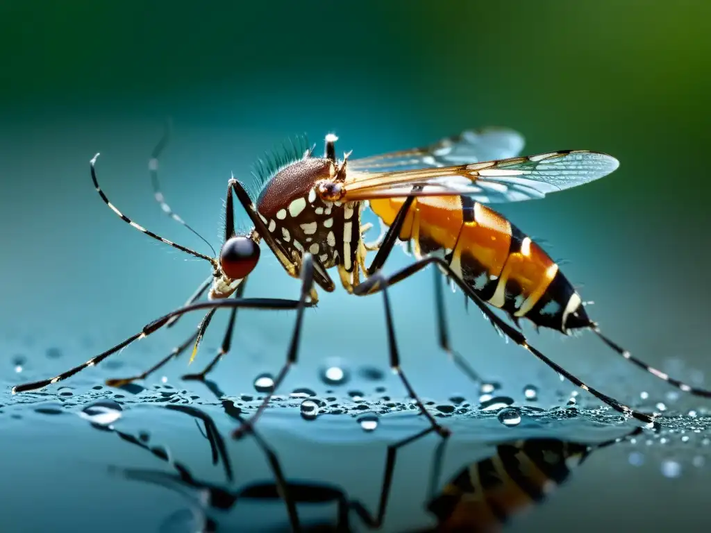 Detalle impresionante de un mosquito hembra Aedes aegypti sobre una gota de agua