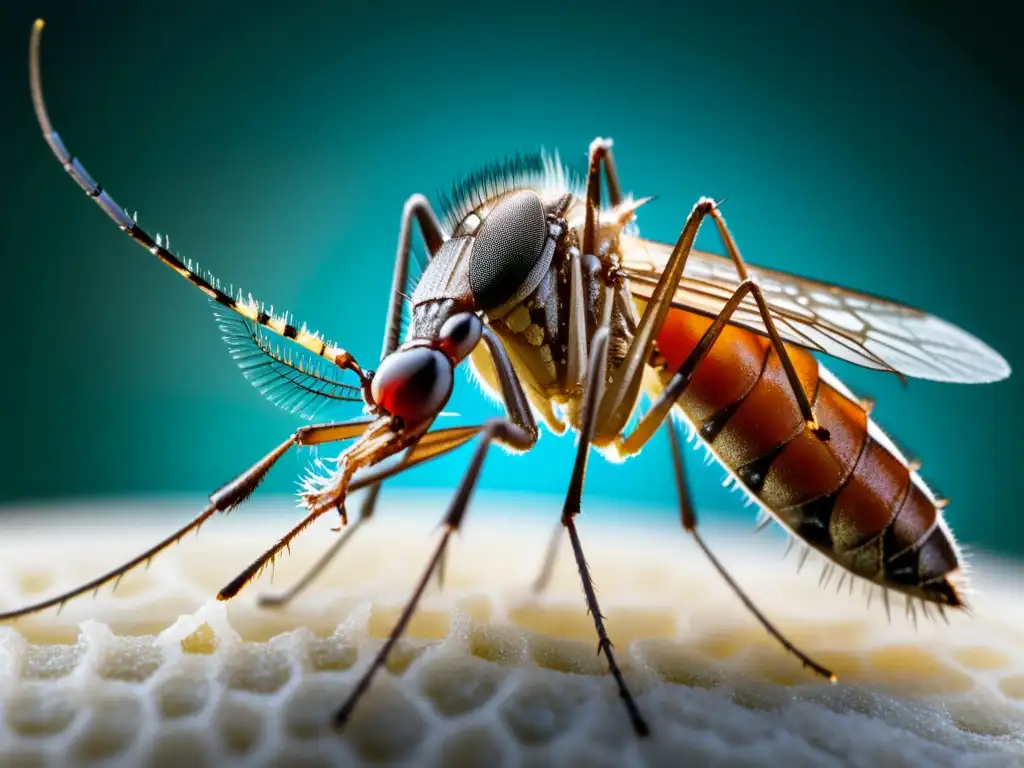 Detalle impresionante de un mosquito genéticamente modificado bajo microscopio, resaltando la edición genética CRISPR en el control de plagas