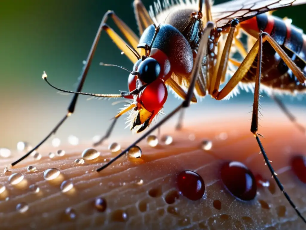 Detalle asombroso: la probóscide del mosquito penetrando la piel humana Detalle impresionante de la picadura de un mosquito en la piel humana, mostrando el comportamiento de picadura de insectos con gran detalle y realismo