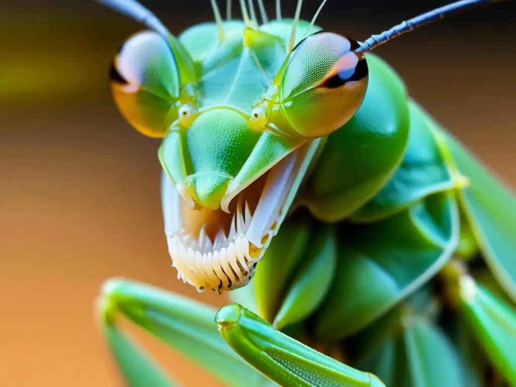 Detalle asombroso: Mantis religiosa alimentándose Detalle impresionante de las piezas bucales de una mantis religiosa mientras se alimenta de un insecto