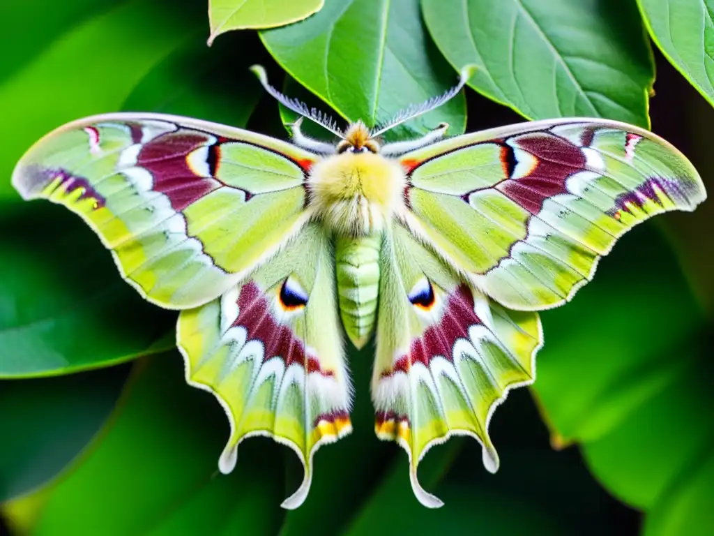 Detalle impresionante de una polilla Actias luna en hoja