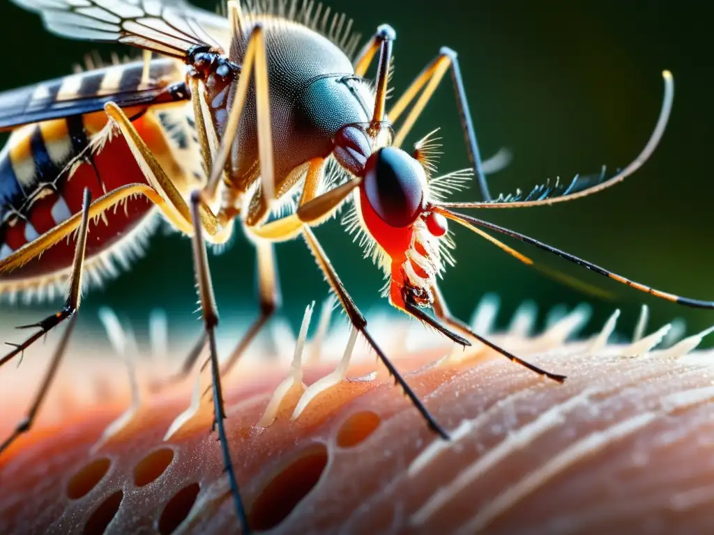 Detalle impresionante de la probóscide de un mosquito alimentándose de sangre humana