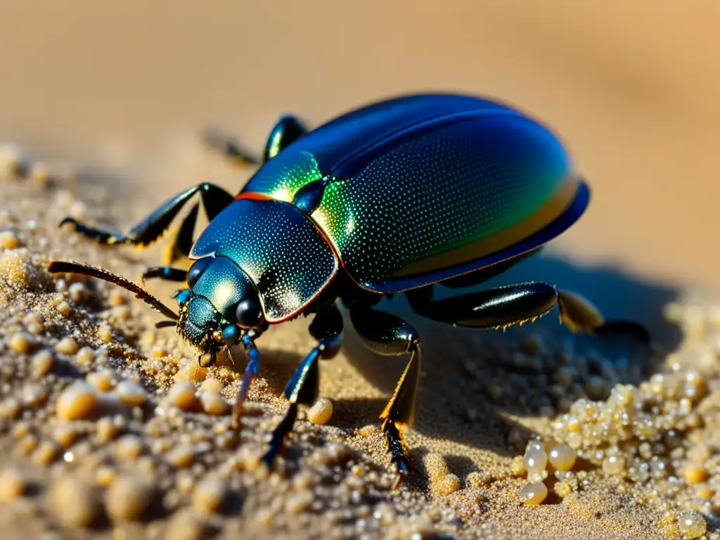 Detalle impresionante de la reproducción de insectos en ambientes extremos: un escarabajo del desierto depositando sus huevos en la arena caliente, con texturas y patrones exquisitos en su exoesqueleto, gotas de humedad relucientes y granos de arena adheridos a su cuerpo, resaltando su