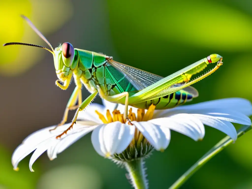 Un detalle impresionante de un saltamontes verde vibrante posado en una delicada flor