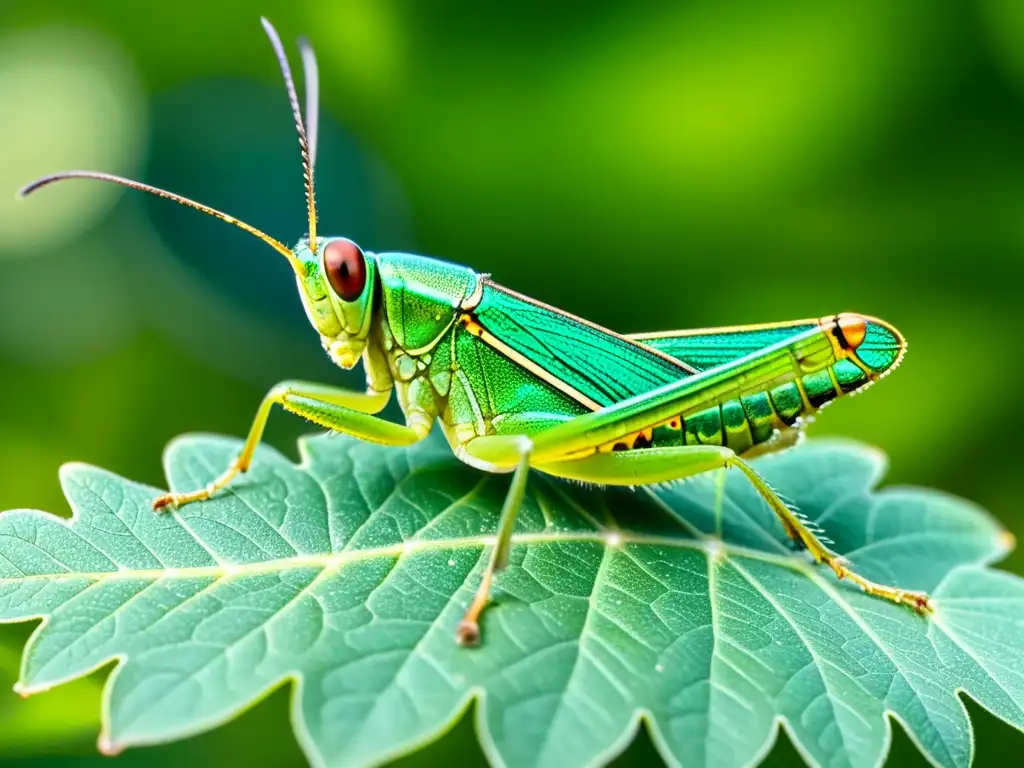 Detalle impresionante de un saltamontes verde sobre una hoja, con alas desplegadas