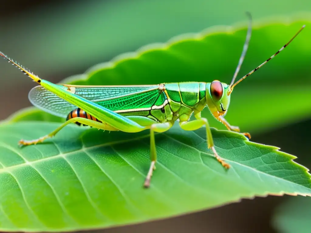 Detalle impresionante de un saltamontes verde sobre una hoja, iluminado por el sol