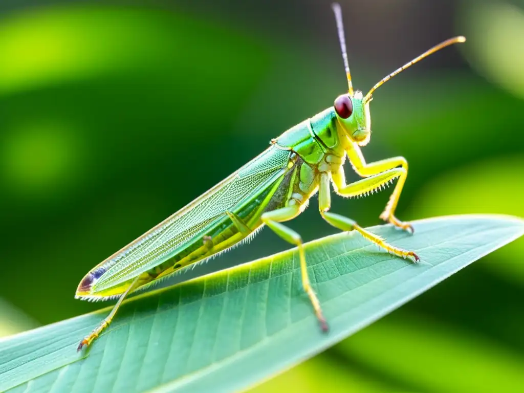 Detalle impresionante de un saltamontes verde en una hoja