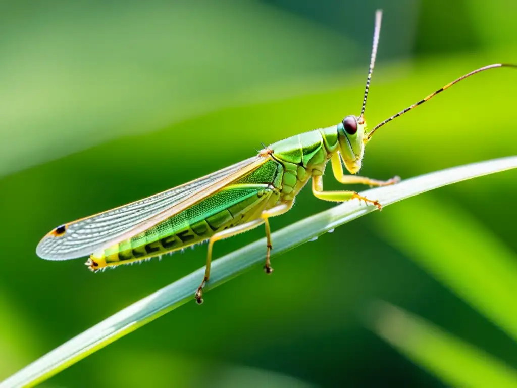 Detalle impresionante de un saltamontes verde en una hoja, resaltando la importancia de los insectos en narrativas