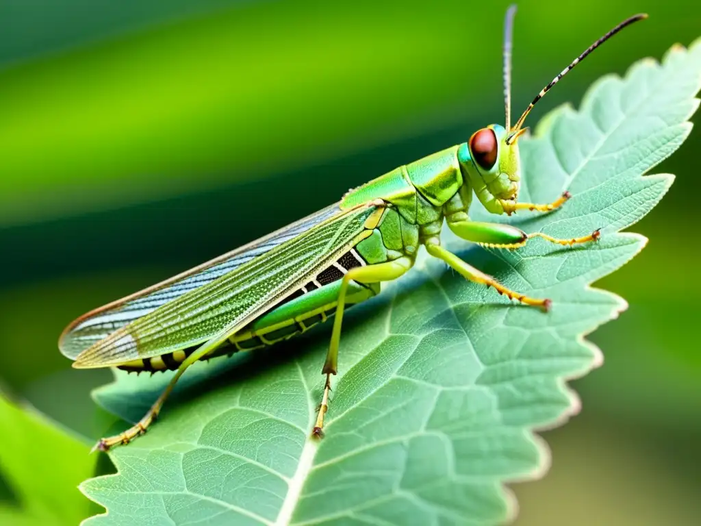 Detalle impresionante de saltamontes verde sobre hoja, con patrones de alas y pelos en las patas