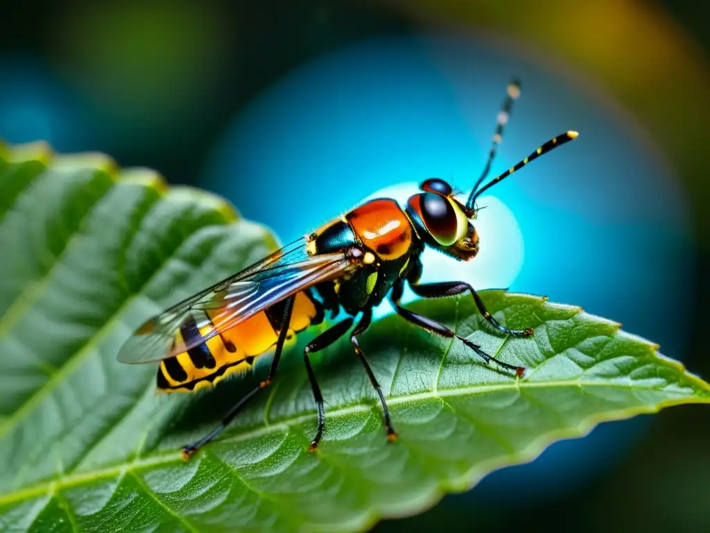 Detalle impresionante de firefly macho emitiendo señal bioluminiscente cerca de hembra en hoja