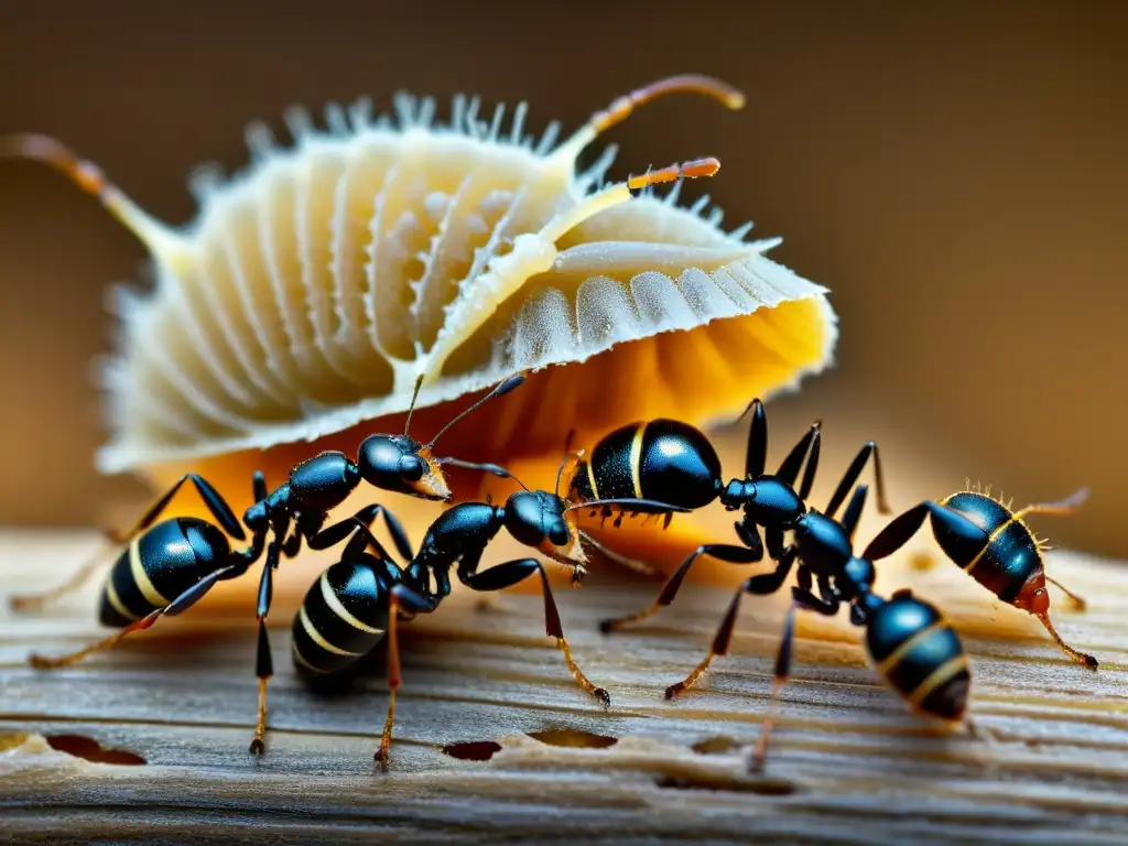 Detalle impresionante de tácticas de alimentación de insectos: hormigas trabajando juntas para transportar un gran insecto hacia su nido