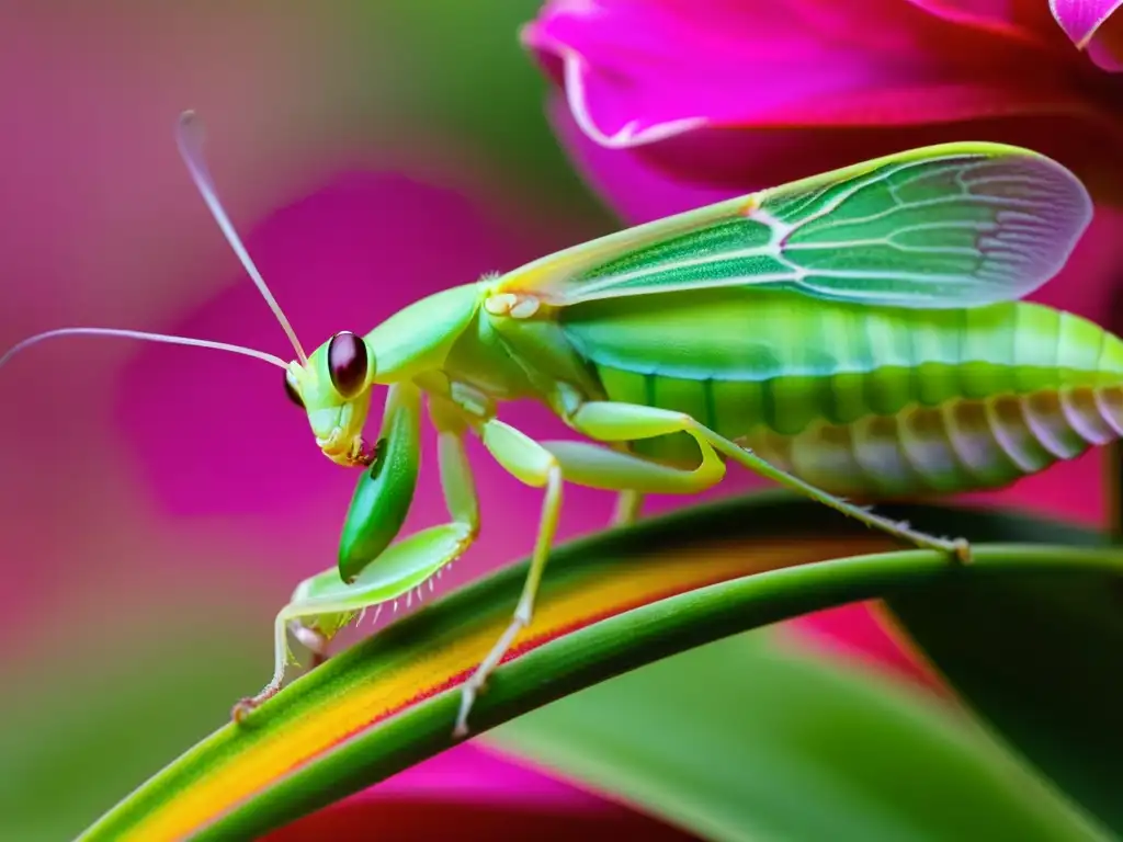 Detalle impresionante de una mantis orquídea verde sobre una flor rosada