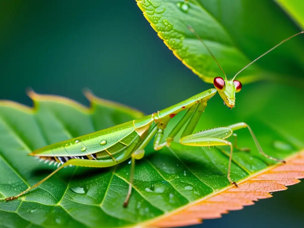 Detalle impresionante de una mantis verde en una hoja, evocando la belleza del mundo insecto