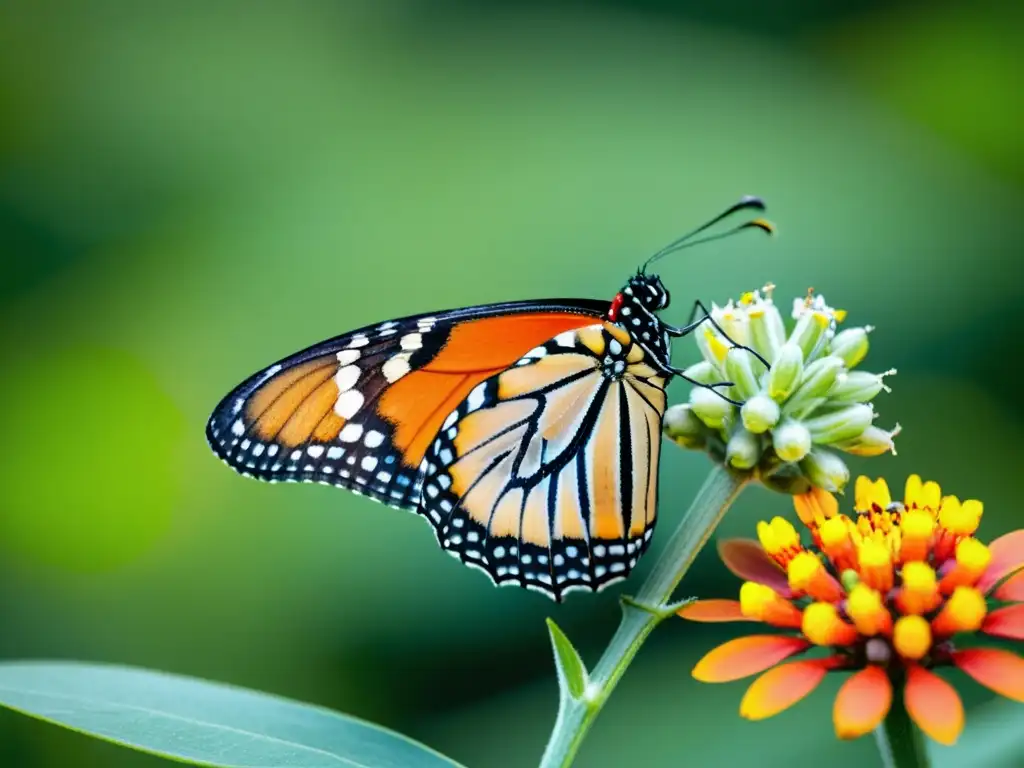 Detalle impresionante de mariposa monarca verde y negra en flor de leche naranja