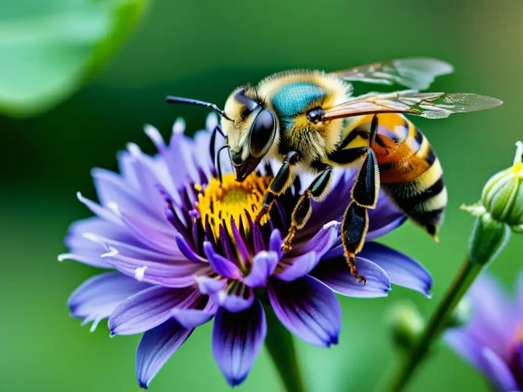 Detalle increíble de una abeja recolectando néctar de una flor morada, resaltando la importancia de los insectos en ecosistemas