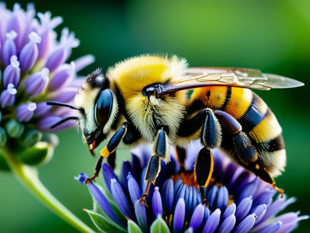 Detalle increíble: abeja polinizadora cubierta de polen cerca de una flor púrpura