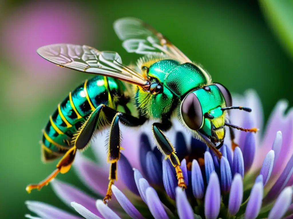 Detalle increíble de una abeja sudorosa metálica sobre una flor morada