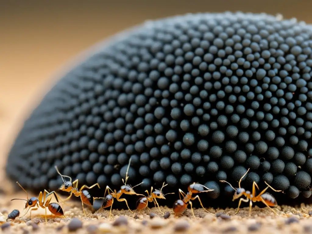 Detalle increíble del ajetreo de una colonia de hormigas, mostrando el ciclo de vida de los insectos y su compleja interacción social