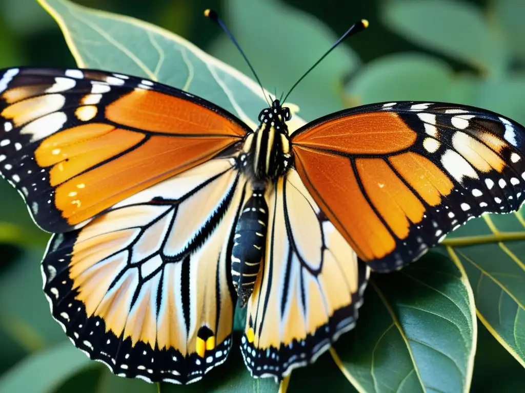 Detalle increíble de una ala de mariposa monarca, mostrando sus patrones vibrantes y delicadas venas