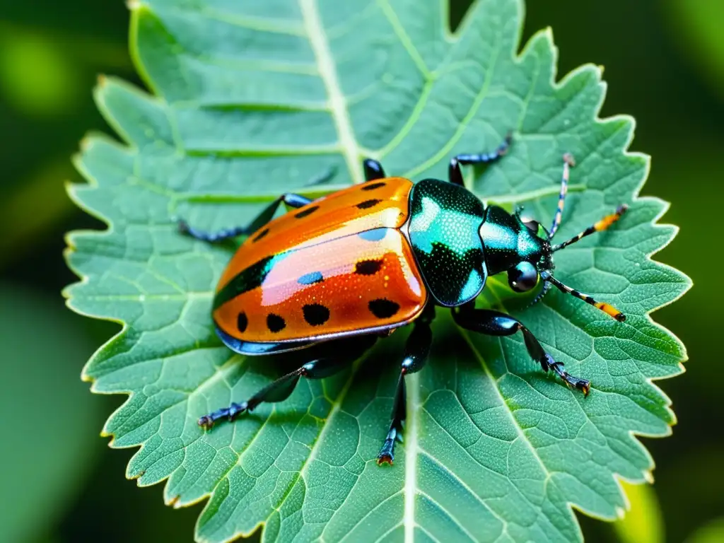 Detalle increíble de un escarabajo sobre una hoja verde, reflejando la diversidad de la vida insecta