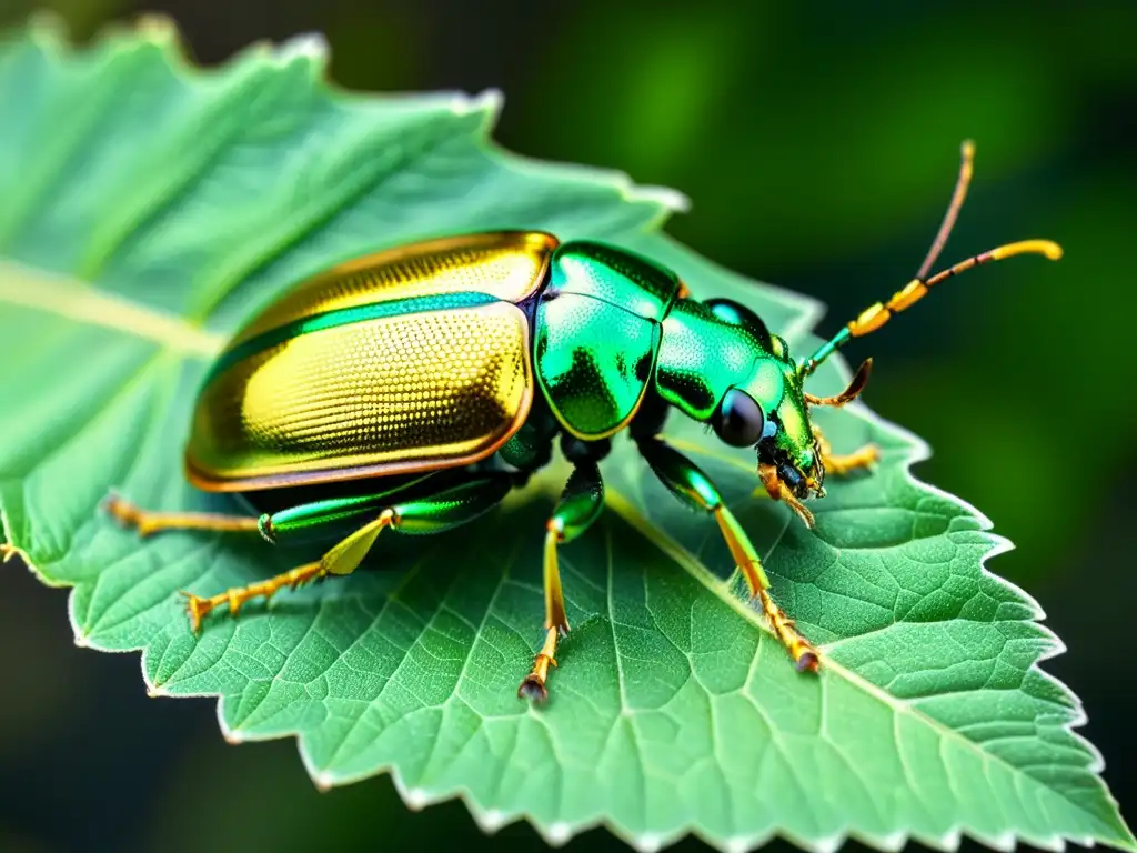 Detalle increíble del escarabajo metálico verde y dorado en una hoja