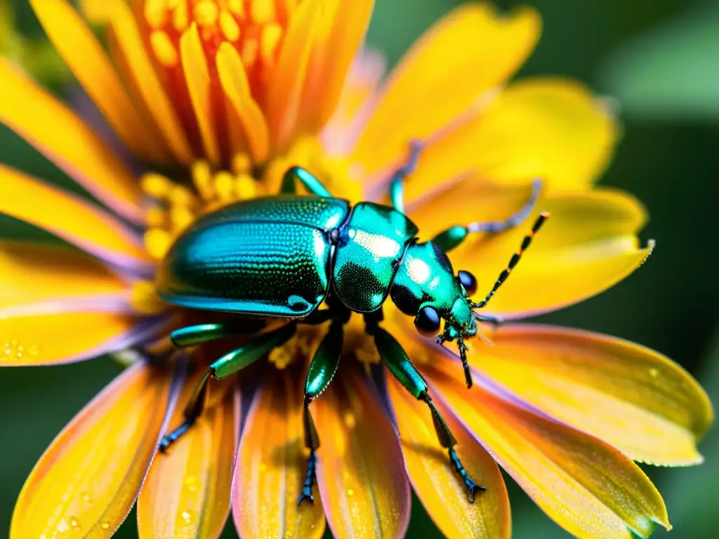 Detalle increíble de un escarabajo metálico verde sobre una flor naranja