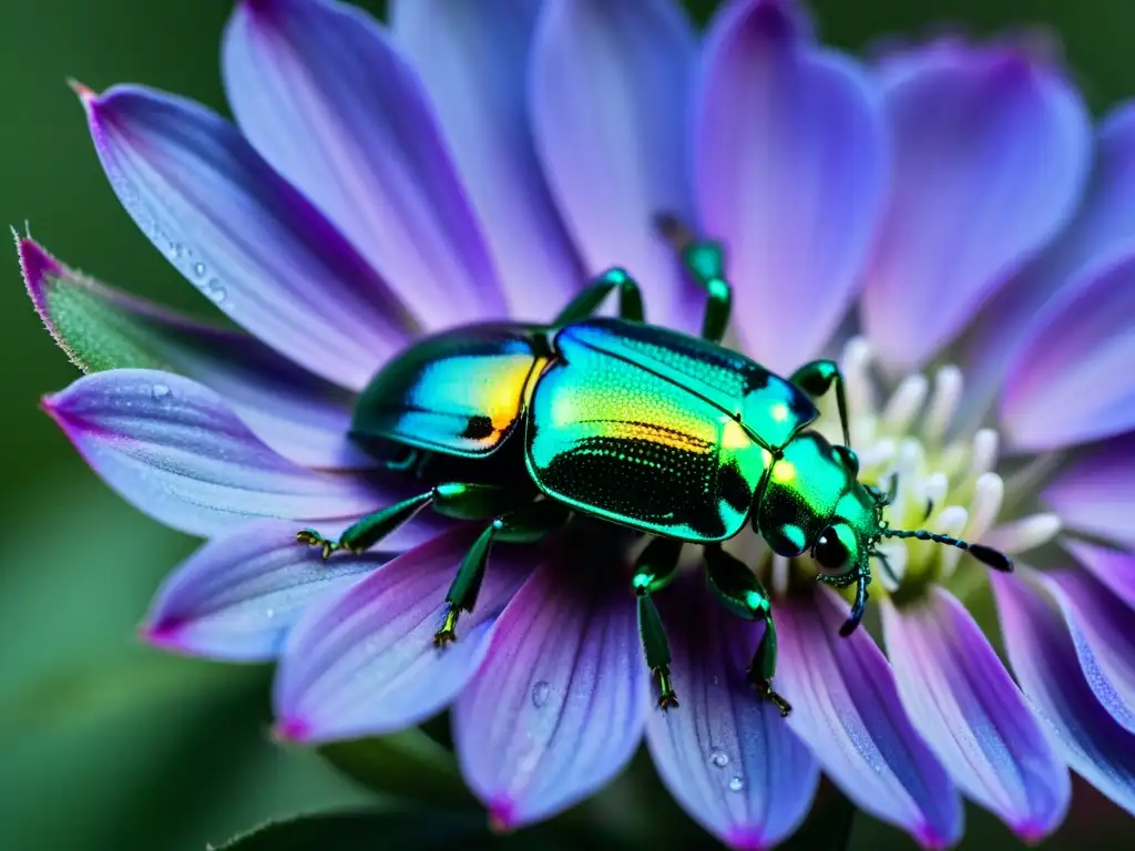 Detalle increíble de un escarabajo metálico sobre una flor púrpura