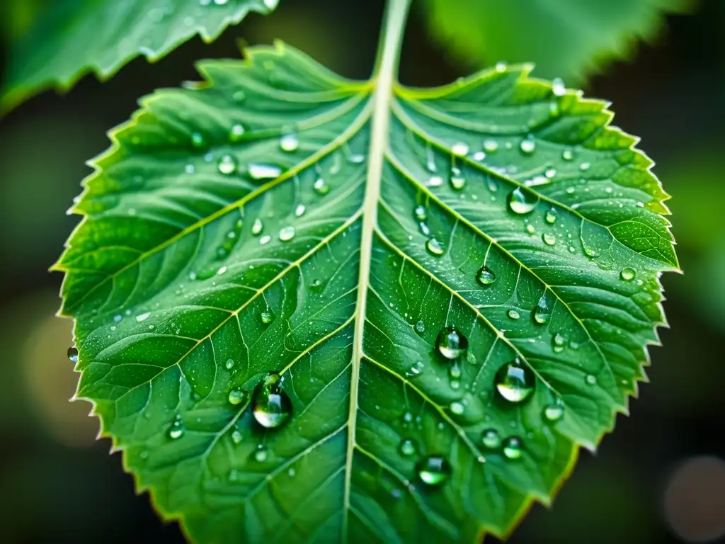 Detalle increíble de una hoja verde con gotas de agua, perfecto para taller de macrofotografía hábitats insectos