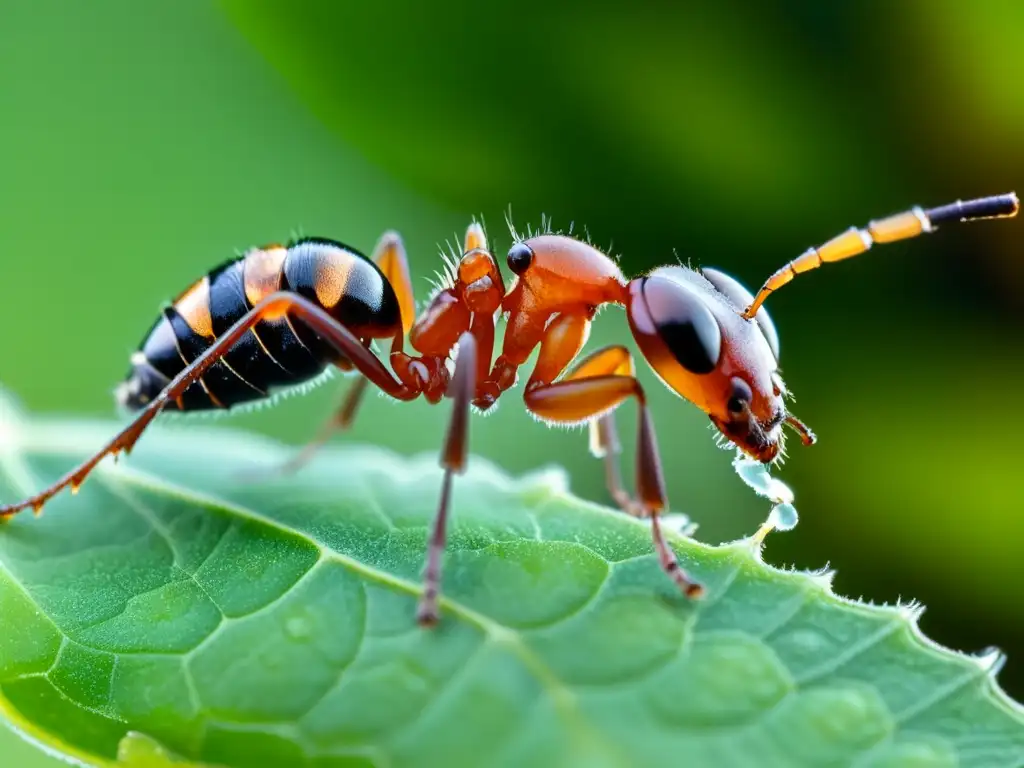 Detalle increíble de una hormiga cuidando de pequeños áfidos en simbiosis con la planta