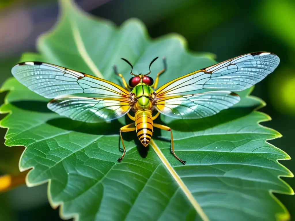 Detalle increíble de un insecto híbrido en la naturaleza, con sus alas translúcidas y cuerpo iridiscente sobre una hoja verde vibrante