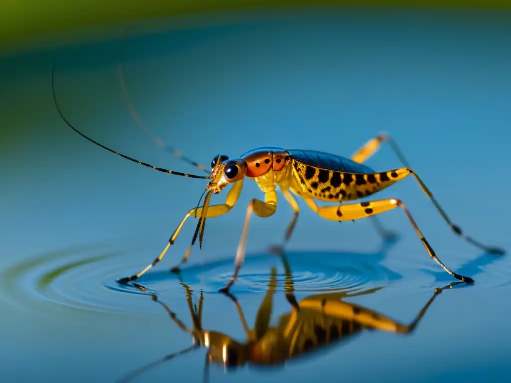 Detalle increíble de un insecto zancudo en la superficie del agua, creando ondulaciones