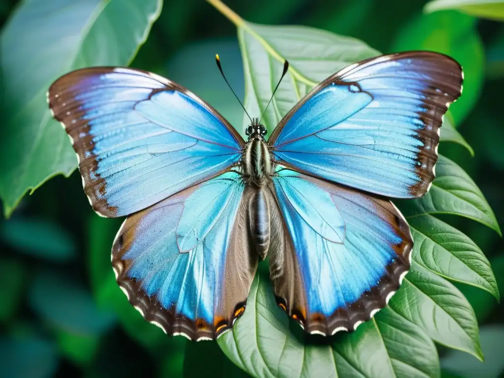 Detalle increíble de una mariposa morpho azul en una hoja verde