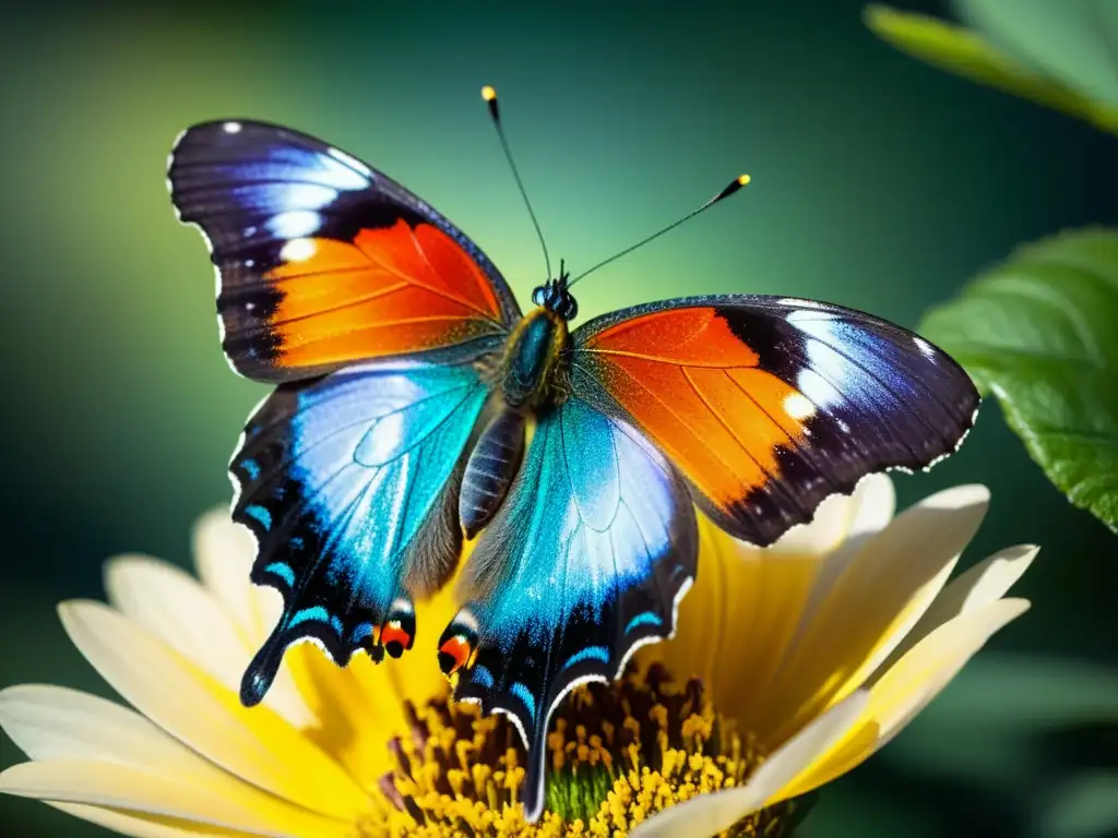 Detalle increíble de una mariposa iridiscente en flor