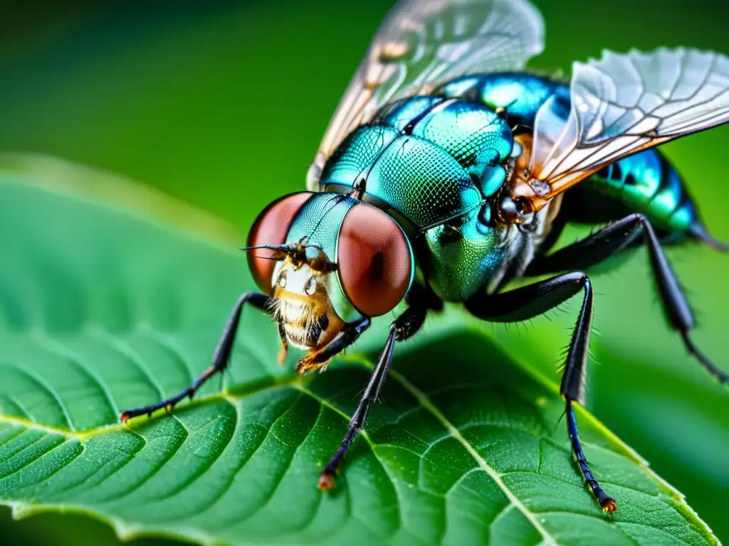 Detalle increíble de una mosca posada en una hoja, destacando sus adaptaciones sorprendentes en su ciclo de vida insectos