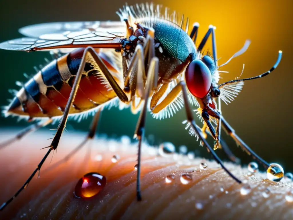 Detalle increíble de la picadura de un mosquito en la piel humana, con gotas de sangre