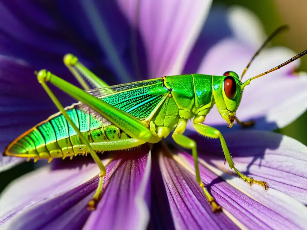 Detalle increíble de un saltamontes verde brillante descansando en una flor púrpura vibrante