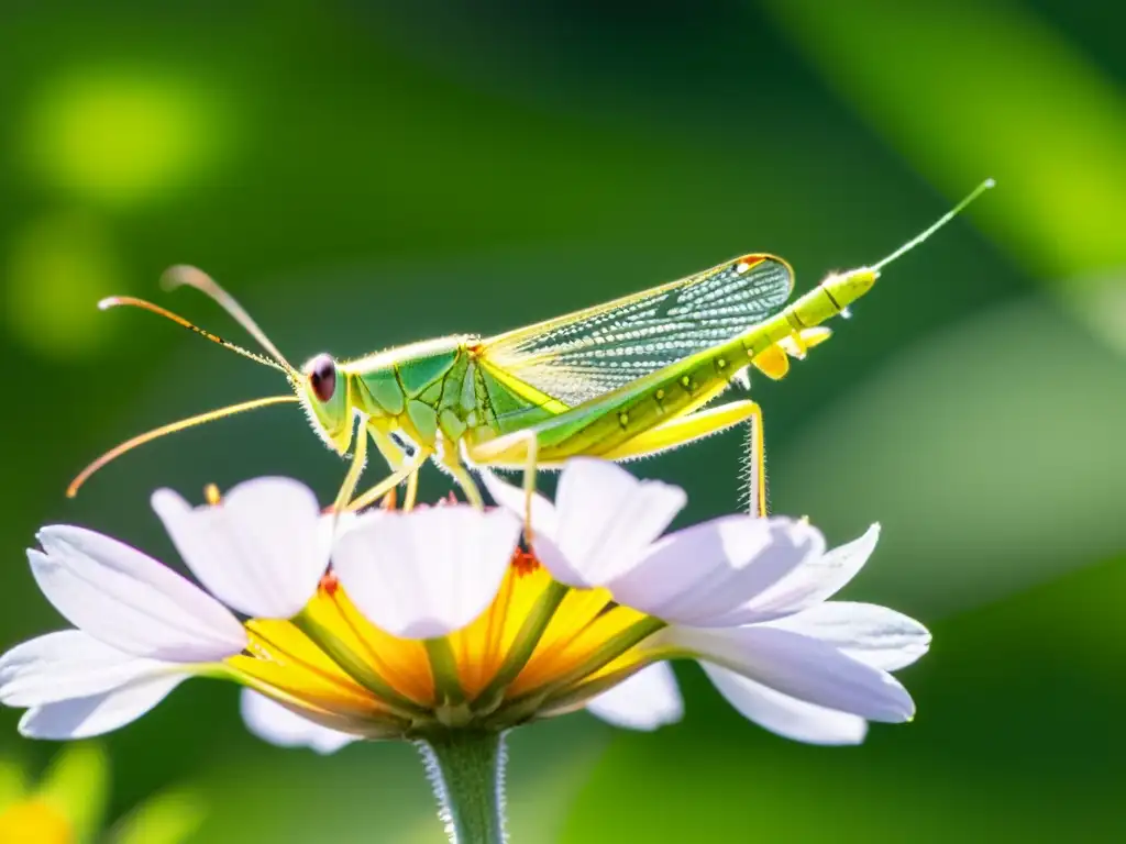 Detalle increíble de un saltamontes verde sobre una flor silvestre, capturado con técnicas de macrofotografía