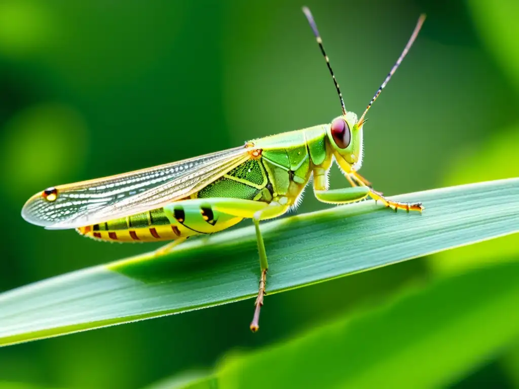 Detalle increíble de un saltamontes verde sobre hierba, con alas translúcidas y ojos compuestos