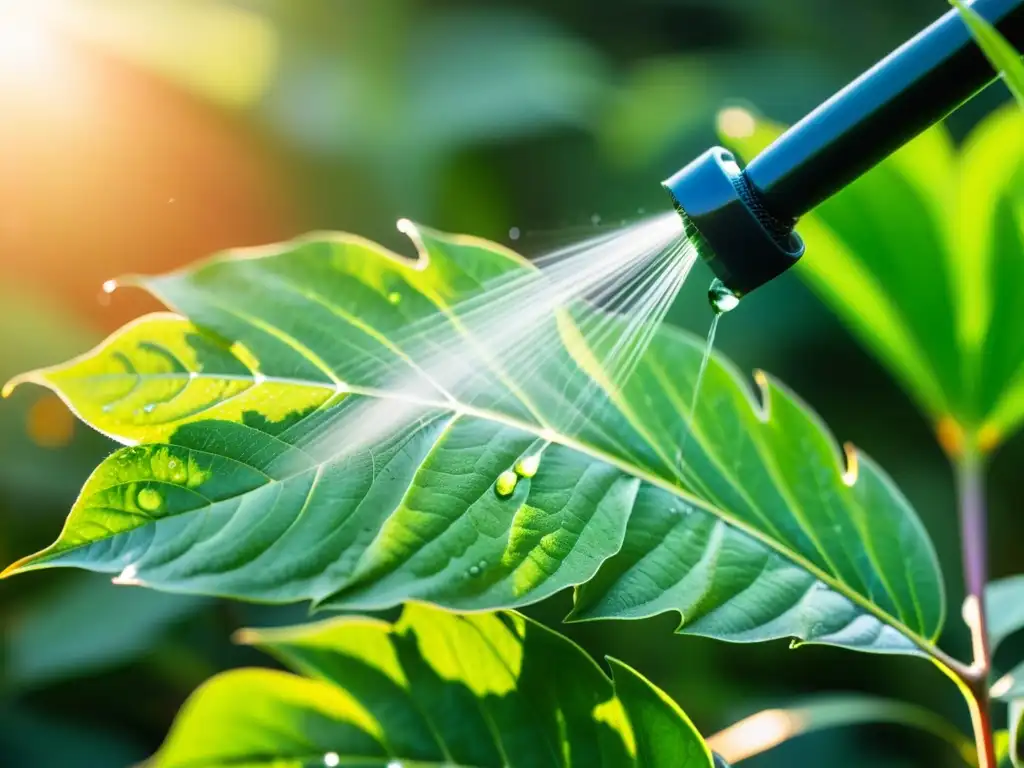 Detalle de insecticida orgánico casero rociado sobre planta verde en jardín soleado, resaltando su efectividad y cuidado en aplicación