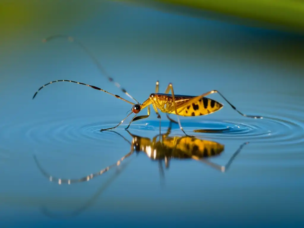 Detalle en alta definición de un insecto acuático caminando sobre el agua, creando ondas diminutas