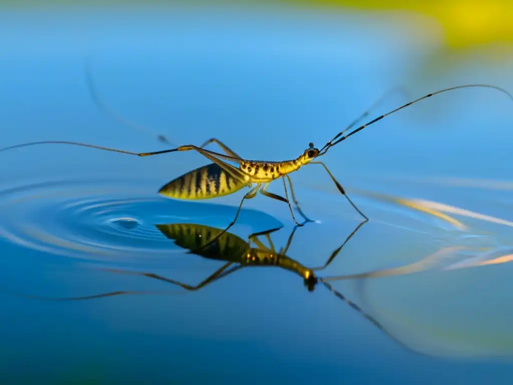 Detalle de un insecto acuático en un estanque tranquilo, resaltando la importancia de los insectos en ecosistemas acuáticos